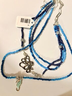 Handmade Blue Multi-Strand Seed Bead Necklace Octopus Seahorse Ocean Charm